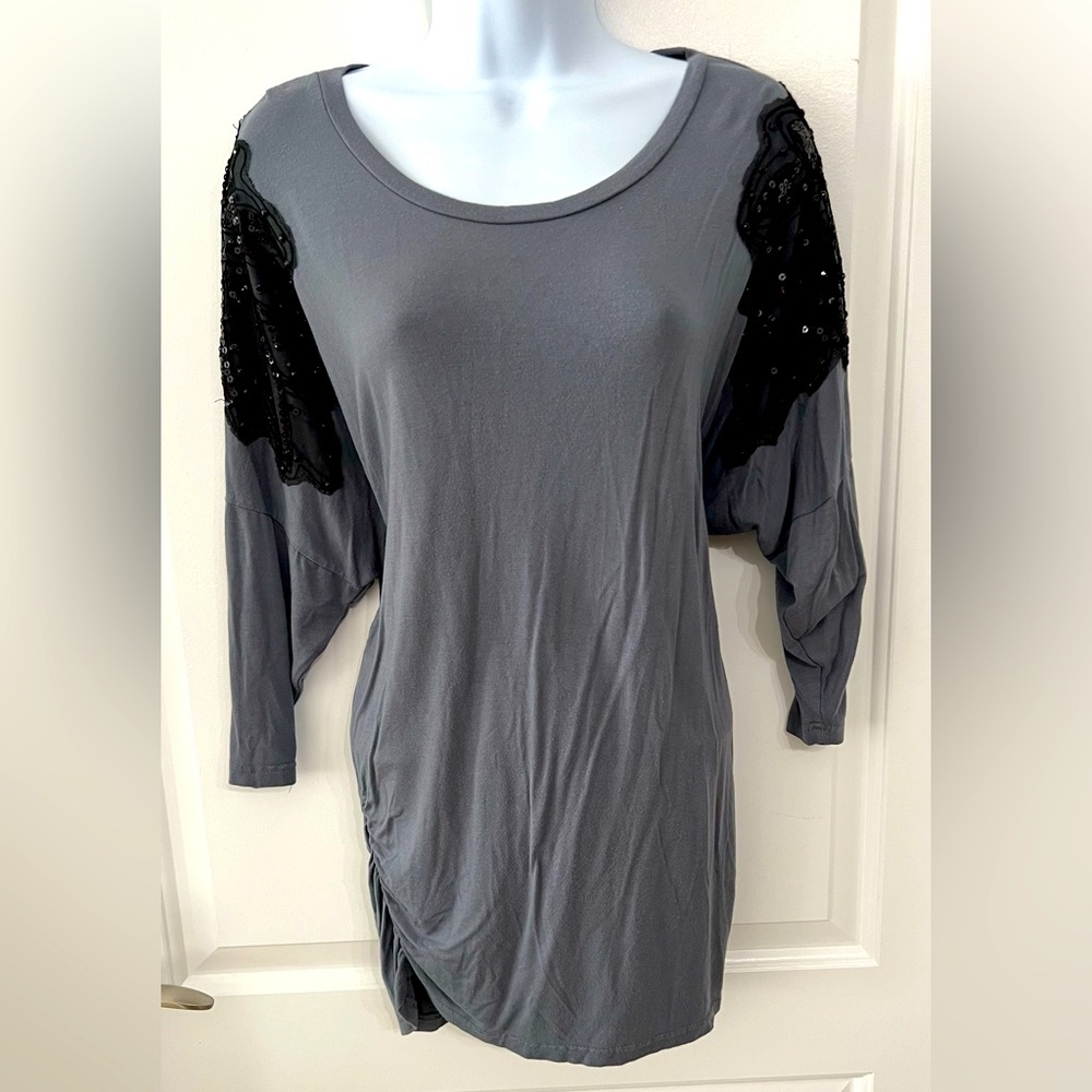 Gray Top with Black Lace Sleeves